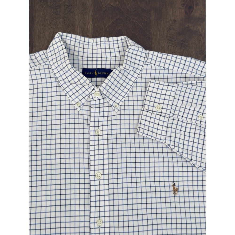 Ralph Lauren Shirt Men Size 3XB White & Blue Check Button Down Oxford Flesh Pony
